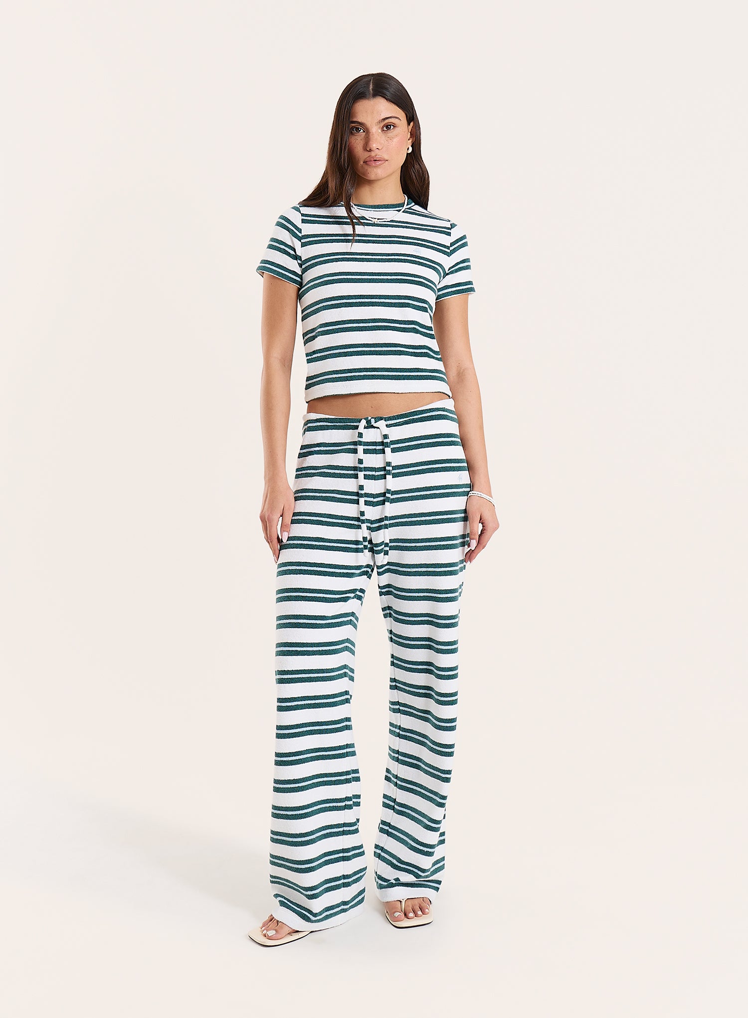 Green And White Stripe Towelling Short Sleeve Top